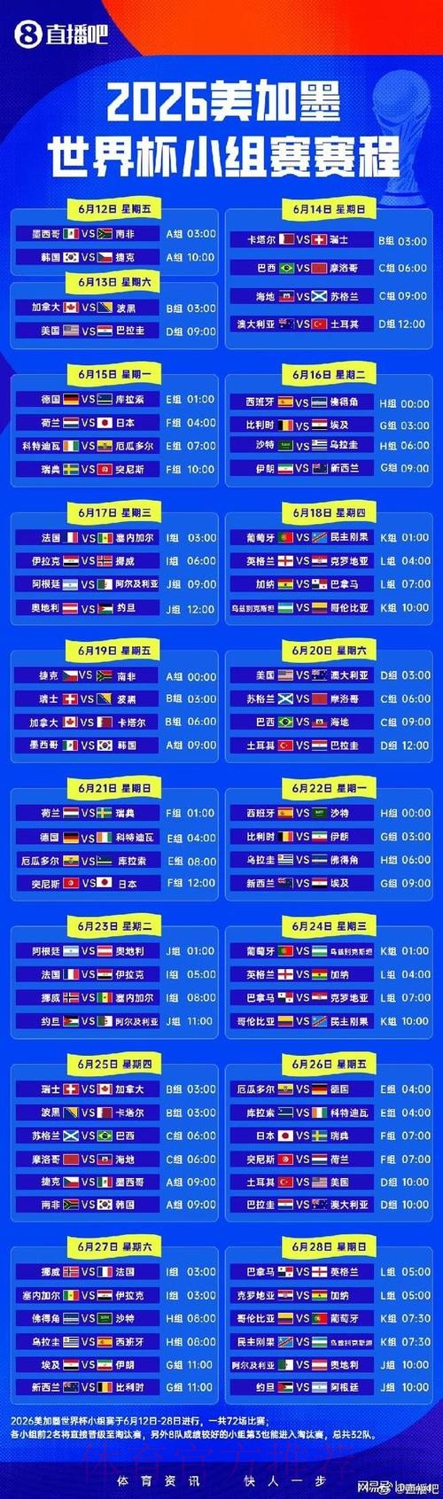 2026世界杯小组赛赛程最新实时赛程直播平台